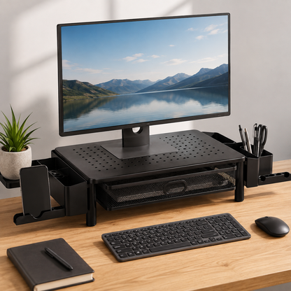 🖤 Workspace Essential | Metal Mesh Monitor Stand | Smart Desk Organization