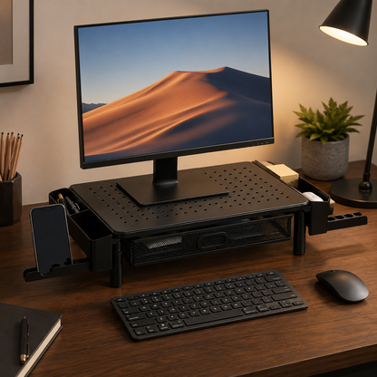 🖤 Workspace Essential | Metal Mesh Monitor Stand | Smart Desk Organization