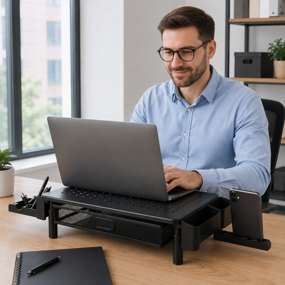 🖤 Workspace Essential | Metal Mesh Monitor Stand | Smart Desk Organization