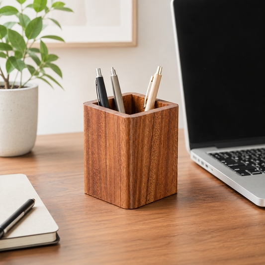 🌿 Desk Essential | Natural Wood Pen Holder | Warm Workspace Accent