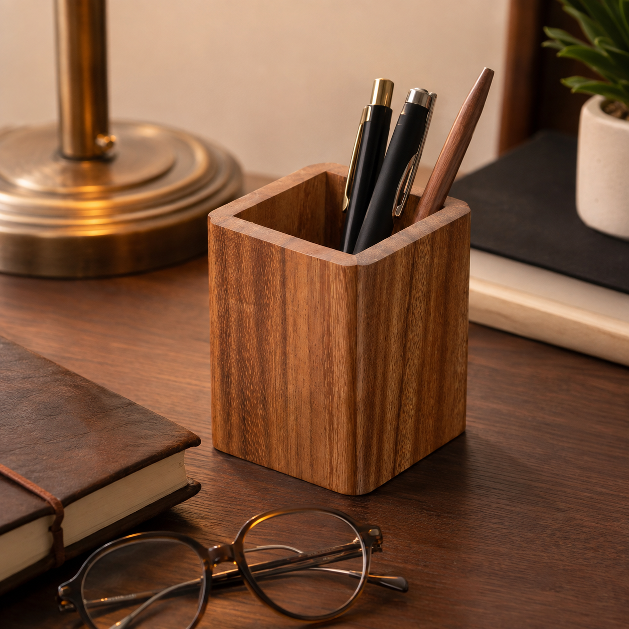 🌿 Desk Essential | Natural Wood Pen Holder | Warm Workspace Accent