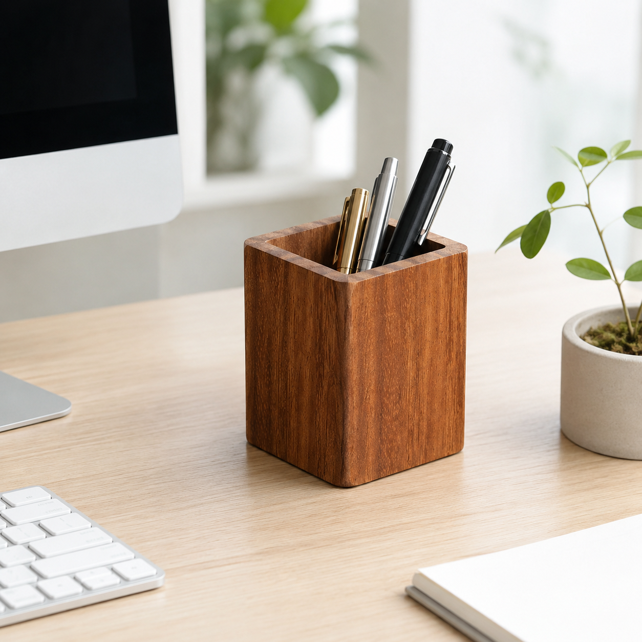 🌿 Desk Essential | Natural Wood Pen Holder | Warm Workspace Accent